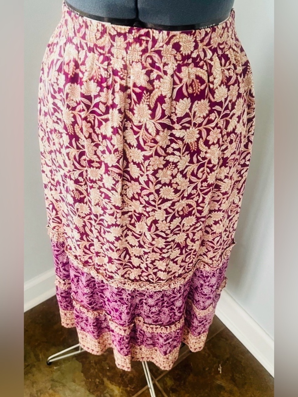 J. Jill Sz XS Long Peasant Ruffle Tiered Boho Skirt A-Line Crinkled Rayon NWT